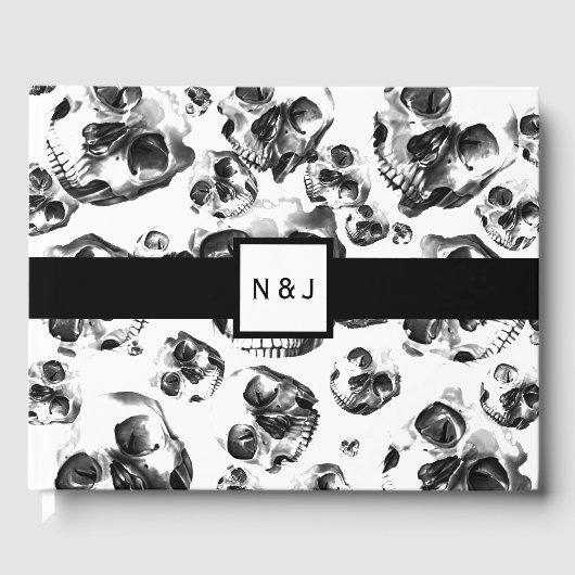 Zwarte & Witte Schedels Skelet Schedel Bruiloft Gastenboek (Voorkant)
