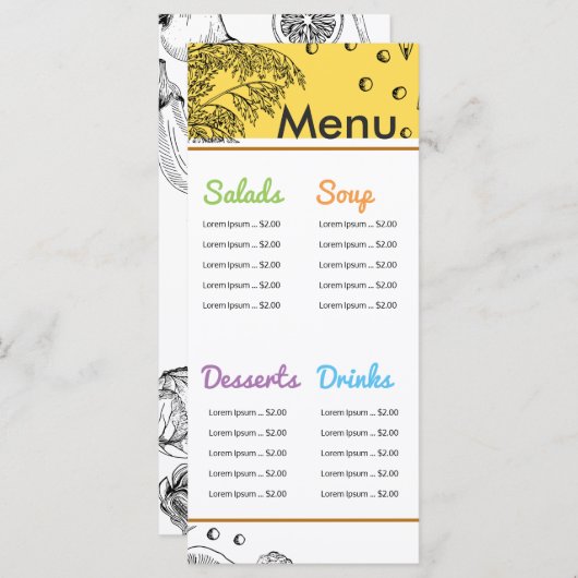 Zwarte witte schetskunst organische veganistische menu (Voorkant / Achterkant)