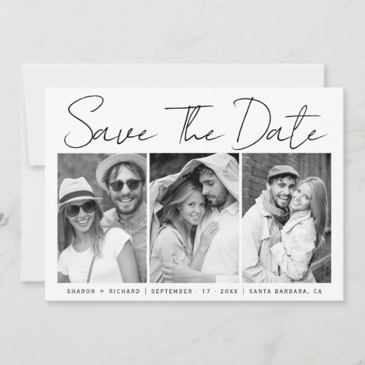 Zwarte, witte scriptkalligrafie 3 fotocollage save the date (Voorkant)