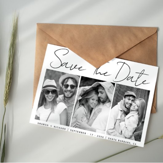 Zwarte, witte scriptkalligrafie 3 fotocollage save the date