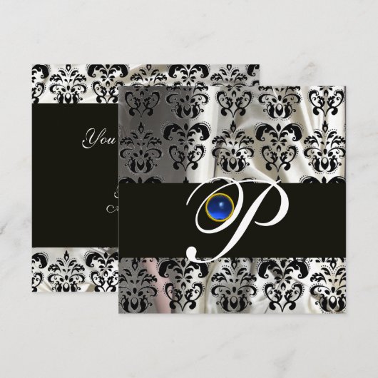 ZWARTE WITTE SILK DAMASKMONOGRAM BLUE SAPPHIRE KAART (Voorkant / Achterkant)