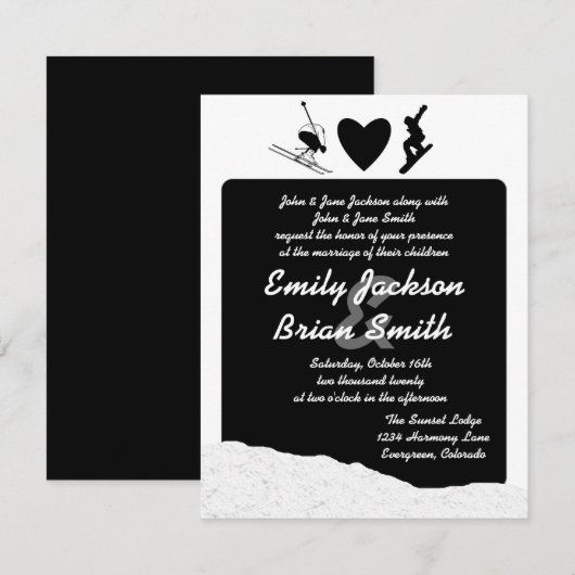 Zwarte witte skisnowboarder voor huwelijksuitnodig kaart (Voorkant / Achterkant)