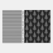 Zwarte witte sneeuwvlokken kerstbomen en strepen inpakpapier vel (Voorkant 3)