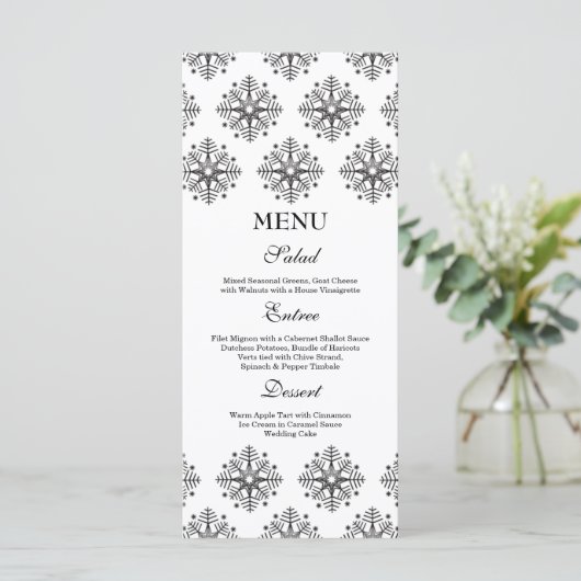 Zwarte + witte sneeuwvlokken wintertrouwmenu menu (Staand voorkant)