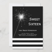 Zwarte & Witte Sparkler Sweet Sixteen Uitnodiging (Voorkant)