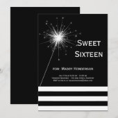 Zwarte & Witte Sparkler Sweet Sixteen Uitnodiging (Voorkant / Achterkant)