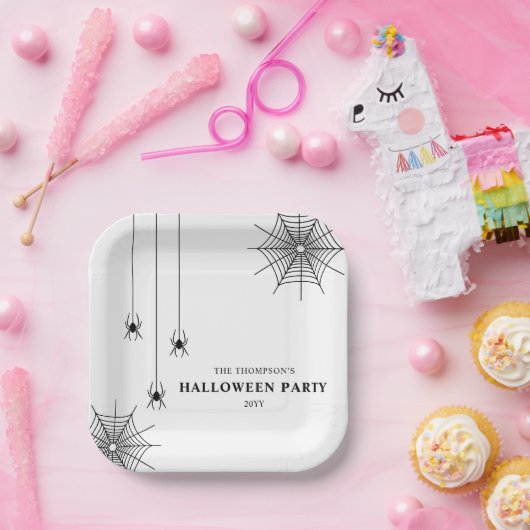 Zwarte witte spinnen en spinnenweb eenvoudige hall papieren bordje (Feest)