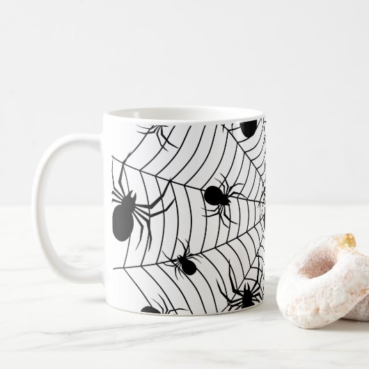 Zwarte Witte spinnen spinnenweb Halloween patroon Koffiemok (Met donut)