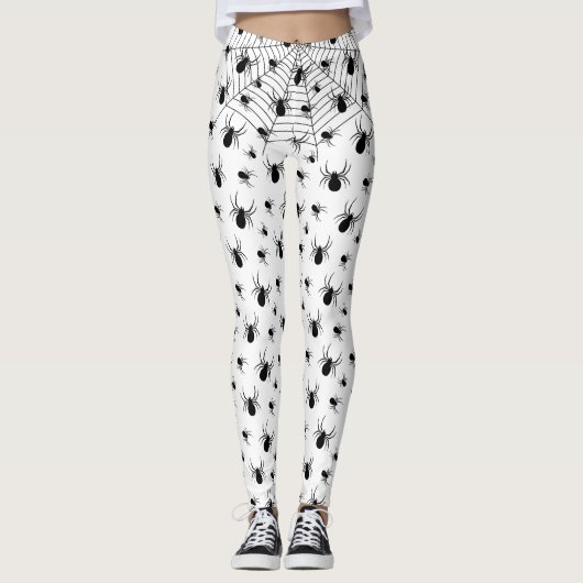Zwarte Witte spinnen spinnenweb Halloween patroon Leggings (Voorkant)