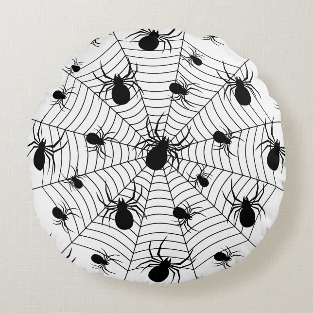 Zwarte Witte spinnen spinnenweb Halloween patroon Rond Kussen (Voorkant)