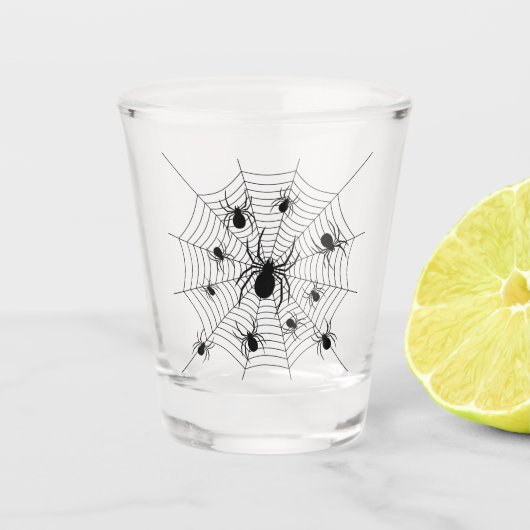 Zwarte Witte spinnen spinnenweb Halloween patroon Shot Glas (Voorkant)