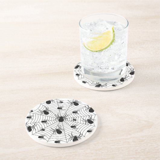 Zwarte Witte spinnen spinnenweb Halloween patroon Zandsteen Onderzetter (Zijkant)