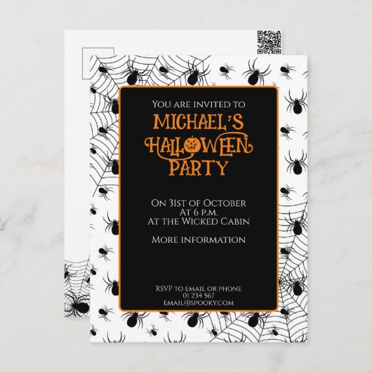 Zwarte Witte spinnen web Halloween party uitnodigi Briefkaart (Voorkant / Achterkant)