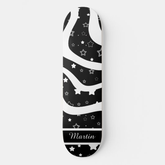 Zwarte & witte sterren op lijnen aangepaste naam persoonlijk skateboard (Voorkant)