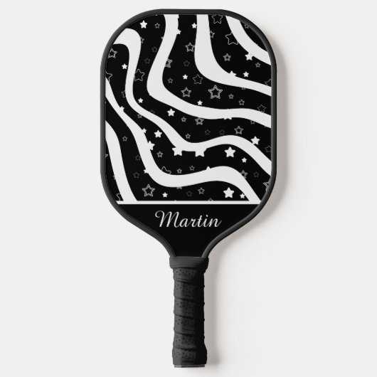 Zwarte & witte sterren op lijnen aangepaste naam pickleball paddle (Voorkant)