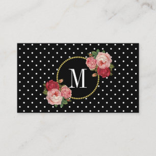 Zwarte witte Stippen Rozen Floral Monogram Visitekaartje