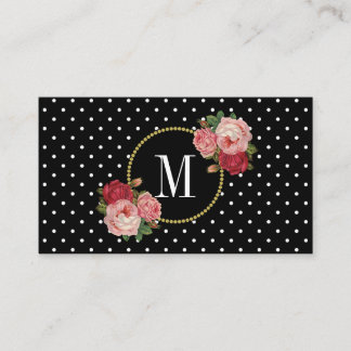 Zwarte witte Stippen  Rozen Floral Monogram Visitekaartje