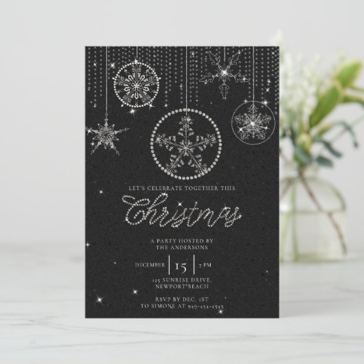 Zwarte witte strass glitter elegante kerst kaart (Staand voorkant)