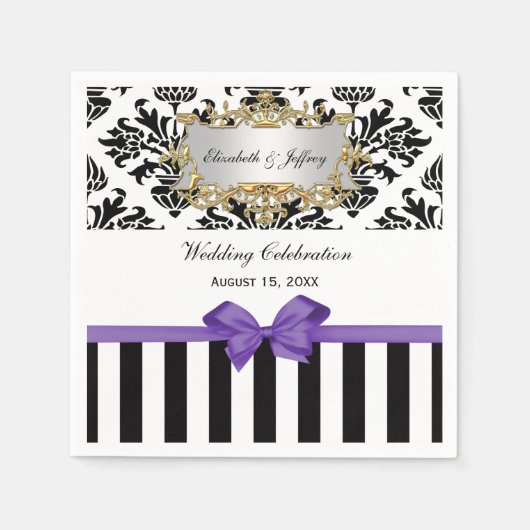 Zwarte witte streep Damask Lila Paars lint Servetten (Voorkant)