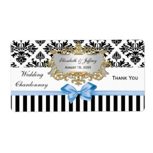 Zwarte witte streep Damask Lt Blue Party Wine Labe Etiket