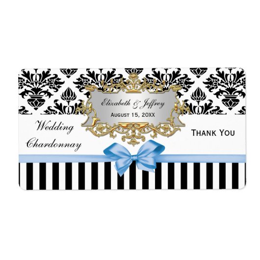 Zwarte witte streep Damask Lt Blue Party Wine Labe Etiket (Voorkant)