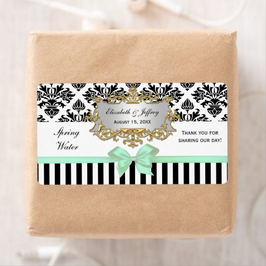 Zwarte witte streep Damask mint #2 waterlabel Etiket (Insitu)