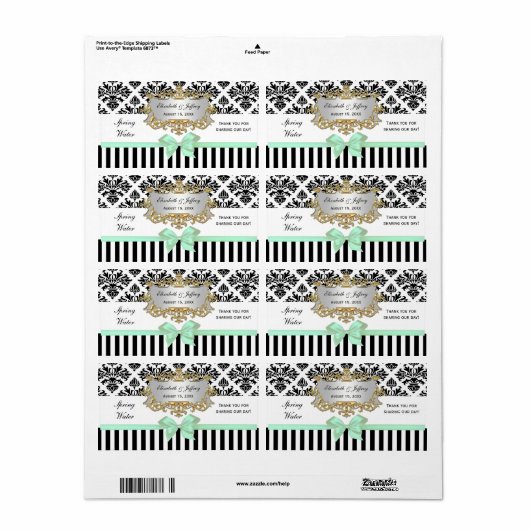 Zwarte witte streep Damask mint #2 waterlabel Etiket (Full Sheet)