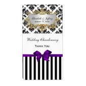 Zwarte witte streep Damask Paars party Wine Label (Voorkant)