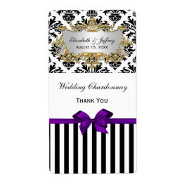 Zwarte witte streep Damask Paars party Wine Label