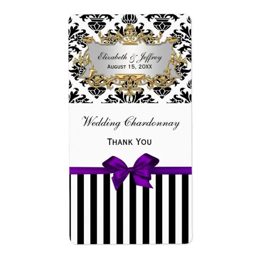 Zwarte witte streep Damask Paars party Wine Label (Voorkant)