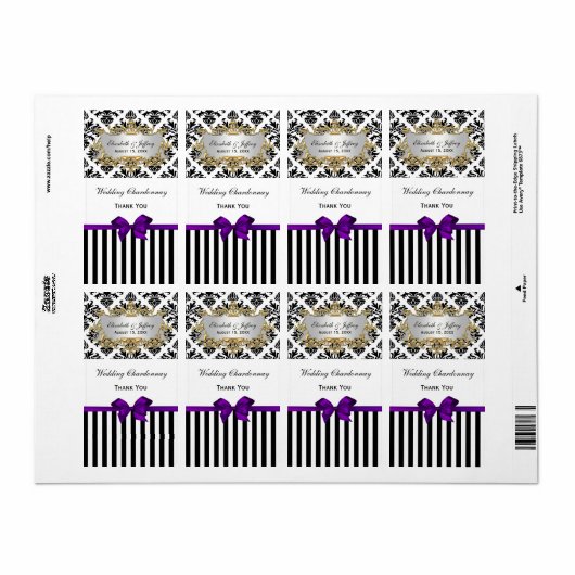 Zwarte witte streep Damask Paars party Wine Label (Full Sheet)