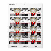 Zwarte witte streep Damask Red Party Wine Label (Full Sheet)