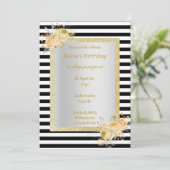 Zwarte witte streep Gold bouquet verjaardag Kaart (Staand voorkant)