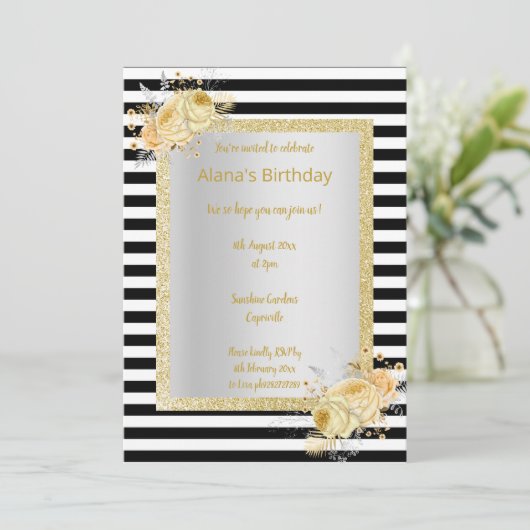 Zwarte witte streep Gold bouquet verjaardag Kaart (Staand voorkant)