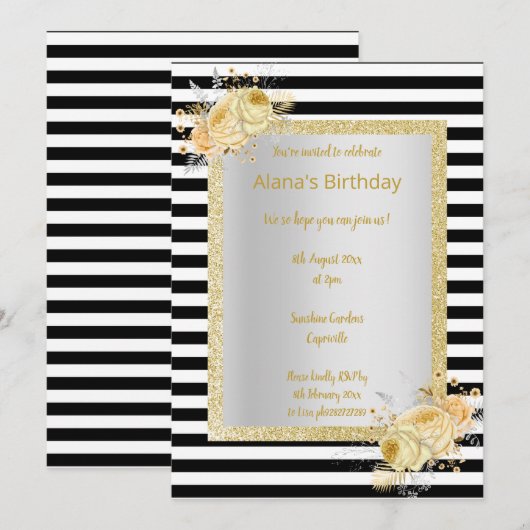 Zwarte witte streep Gold bouquet verjaardag Kaart (Voorkant / Achterkant)