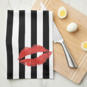 Zwarte & Witte Streep met Rode Lippen Keuken Handd Theedoek (Quarter Fold)
