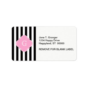 Zwarte witte streep, roze Quatrefoil monogram Etiket