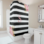 Zwarte witte strepe roze goudmonogram douchegordijn (In situ)