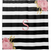 Zwarte witte strepe roze goudmonogram douchegordijn (Voorkant)