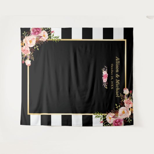 Zwarte witte strepen Blush Floral Weduwen achtergr Wandkleed (Voorkant (horizontaal))