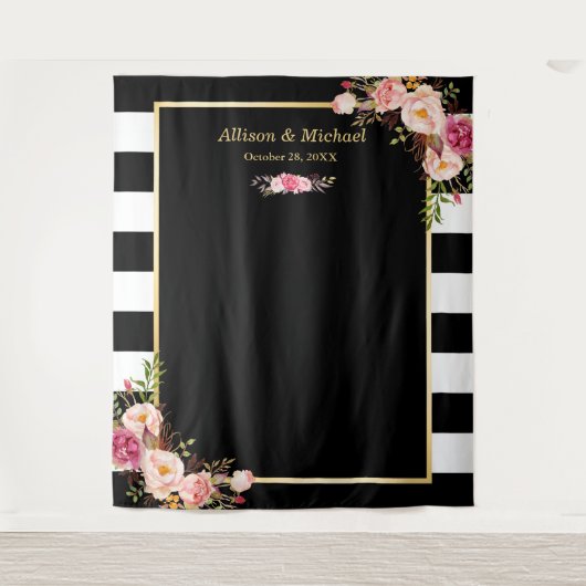 Zwarte witte strepen Blush Floral Weduwen achtergr Wandkleed (Voorkant)