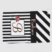 Zwarte witte strepen een Roos 3 kleurenmonogram Golfhanddoek (Horizontaal)