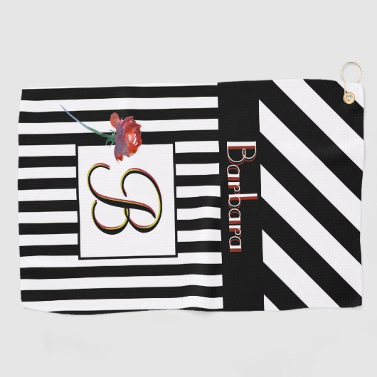 Zwarte witte strepen een Roos 3 kleurenmonogram Golfhanddoek (Horizontaal)