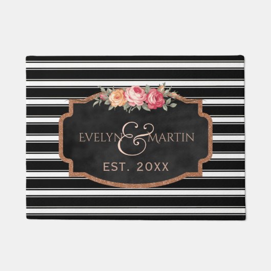 Zwarte witte strepen | Elegant monogram naamjaar Deurmat (Voorkant)