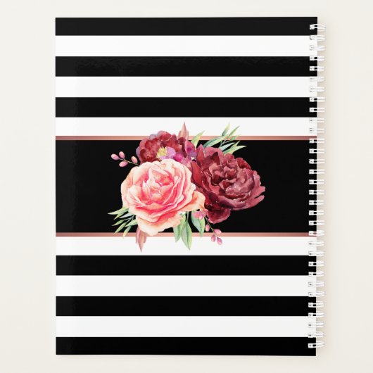 Zwarte witte strepen Elegante bloem gepersonalisee Planner (Achterkant)