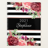 Zwarte witte strepen Elegante bloem gepersonalisee Planner (Voorkant)