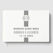 Zwarte witte strepen en monogram bruiloft gastenboek (Voorkant)