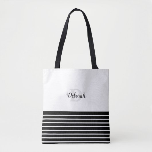 zwarte witte strepen en monogram tote bag (Voorkant)