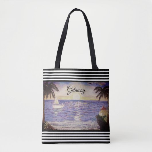 Zwarte witte strepen en oceaanstrand tote bag (Voorkant)