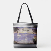 Zwarte witte strepen en oceaanstrand tote bag (Achterkant)